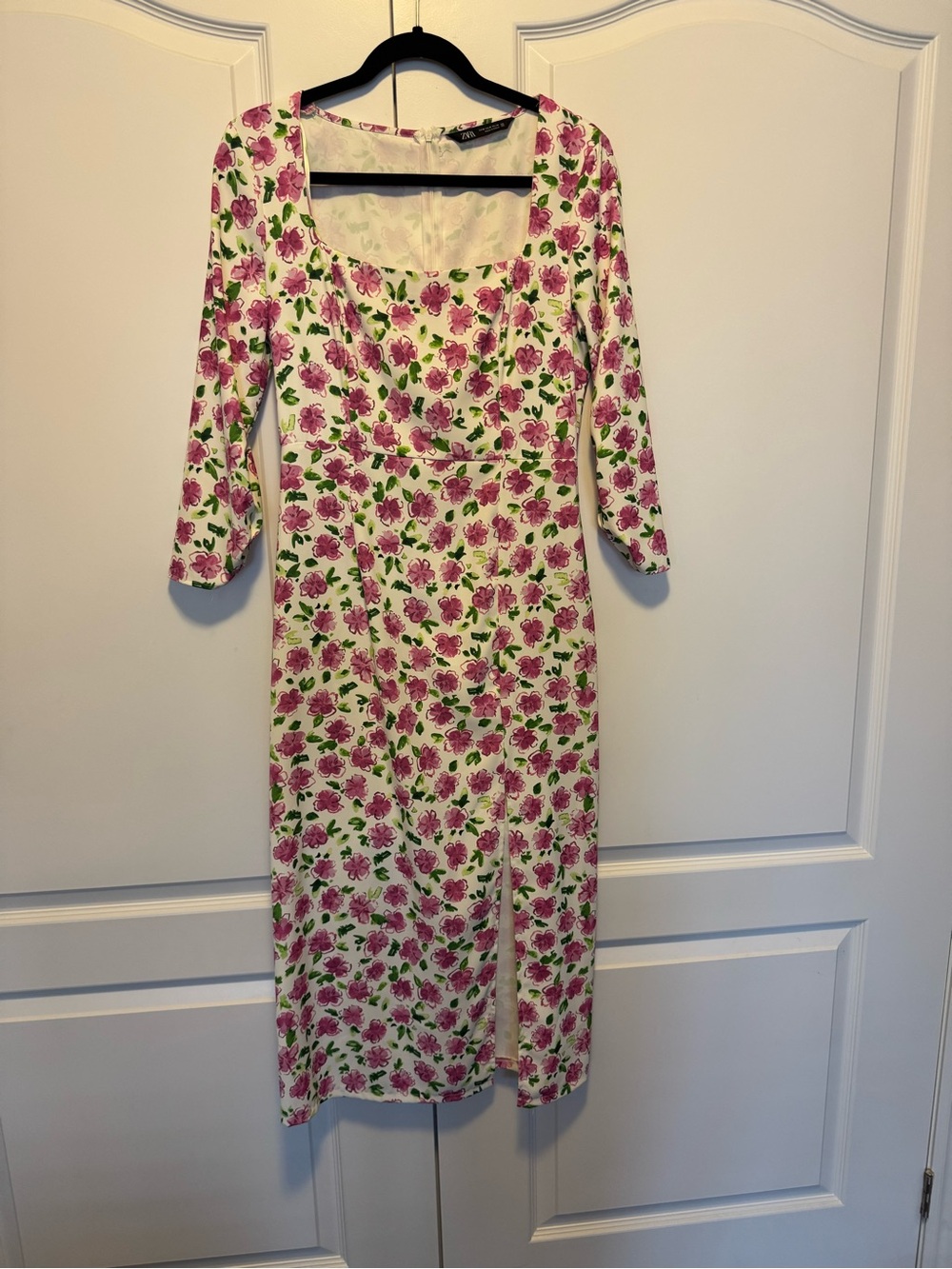 Zara Pink Floral Long Sleeve Midi Dress on White